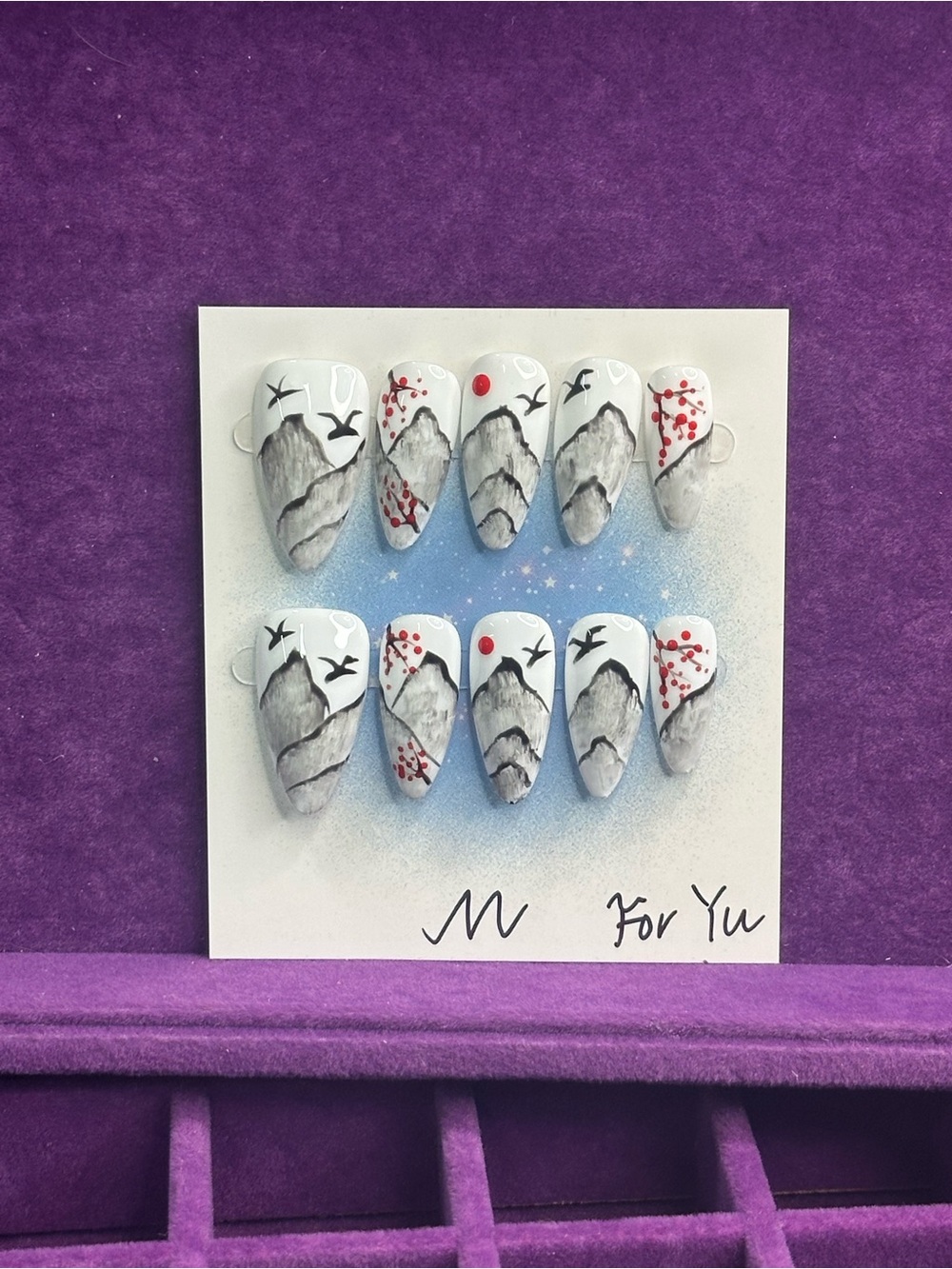 sumi-e ink painting press-on nail set, size M 🐥